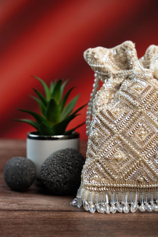 Bridal Potli Bag Indian Wedding â€“ White Criss Cross by Nayaab by Sonia