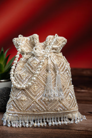 Bridal Potli Bag Indian Wedding â€“ White Criss Cross by Nayaab by Sonia