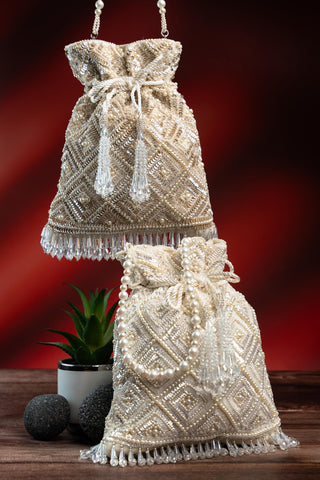 Bridal Potli Bag Indian Wedding â€“ White Criss Cross by Nayaab by Sonia