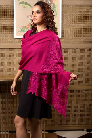 Stole Indian Wedding Wear - Pink Peony Dream Wool Silk by Mauli