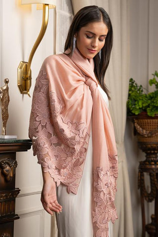 Stole Indian Wedding - Pink Peony Dream Embroidered Wool Silk by Mauli