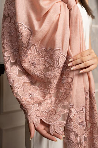 Stole Indian Wedding - Pink Peony Dream Embroidered Wool Silk by Mauli
