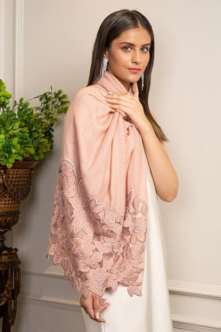 Stole Indian Wedding - Pink Peony Dream Embroidered Wool Silk by Mauli