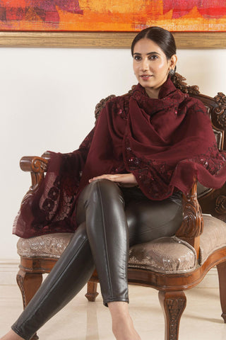 Stole Indian Wedding Wear - Maroon Persian Mirror Frame Pure Cashmere by Mauli