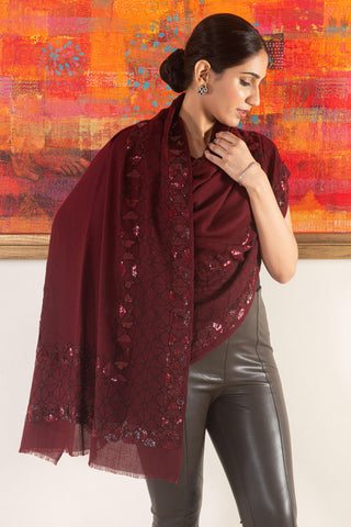 Stole Indian Wedding Wear - Maroon Persian Mirror Frame Pure Cashmere by Mauli