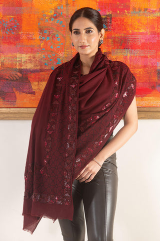 Stole Indian Wedding Wear - Maroon Persian Mirror Frame Pure Cashmere by Mauli