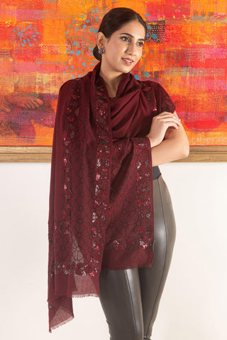 Stole Indian Wedding Wear - Maroon Persian Mirror Frame Pure Cashmere by Mauli