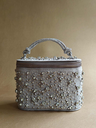 Silver sparkling vanity bag with elegant embroidery