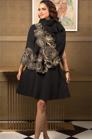 Stole Indian Wedding Wear - Black Poppy Affair Wool Silk by Mauli