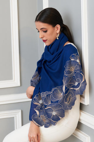 Stole Indian Wedding - Blue Poppy Affair Wool Silk by Mauli