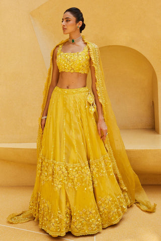 Lehenga Set For Indian Wedding - Yellow Daffodils Lehenga by Prevasu