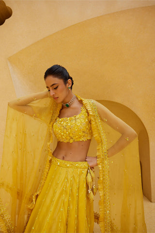 Lehenga Set For Indian Wedding - Yellow Daffodils Lehenga by Prevasu