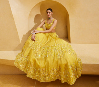 Lehenga Set For Indian Wedding - Yellow Daffodils Lehenga by Prevasu