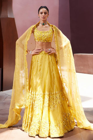 Lehenga Set For Indian Wedding - Yellow Daffodils Lehenga by Prevasu