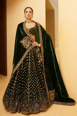 Lehenga Set For Indian Wedding - Green Velvet Bridal Lehenga Set by Prevasu