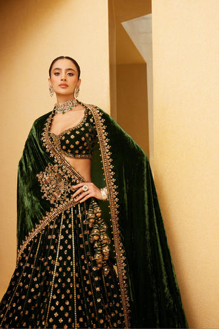 Lehenga Set For Indian Wedding - Green Velvet Bridal Lehenga Set by Prevasu