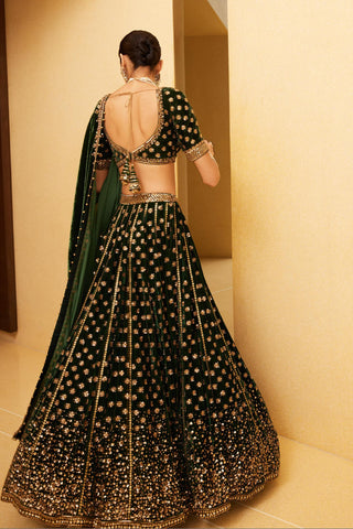 Lehenga Set For Indian Wedding - Green Velvet Bridal Lehenga Set by Prevasu