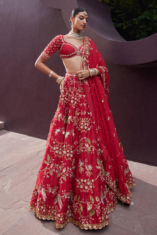 Lehenga Set For Indian Wedding - Red Lovebirds Lehenga Set by Prevasu