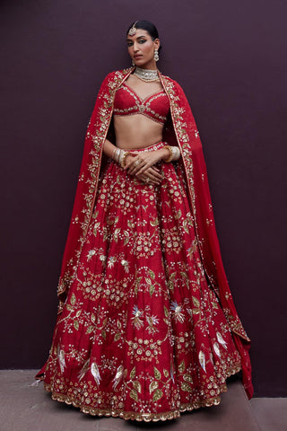 Lehenga Set For Indian Wedding - Red Lovebirds Lehenga Set by Prevasu