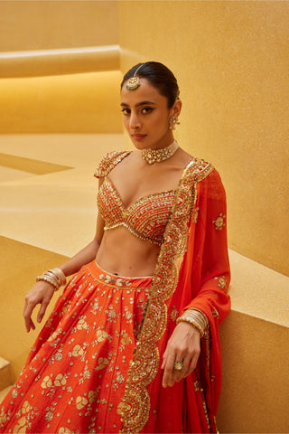 Lehenga Set For Indian Wedding - Orange Marah Lehenga Set by Prevasu