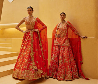 Lehenga Set For Indian Wedding - Orange Marah Lehenga Set by Prevasu