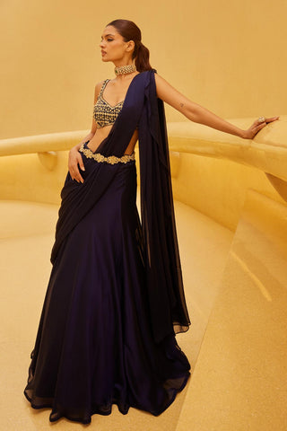 Drape Saree For Indian Wedding - Blue Midnight Drape Saree by Prevasu