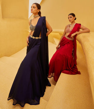Drape Saree For Indian Wedding - Blue Midnight Drape Saree by Prevasu