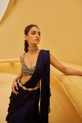 Drape Saree For Indian Wedding - Blue Midnight Drape Saree by Prevasu