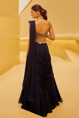 Drape Saree For Indian Wedding - Blue Midnight Drape Saree by Prevasu