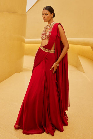 Drape Saree For Indian Wedding - Red Drape Saree by Prevasu