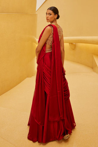 Drape Saree For Indian Wedding - Red Drape Saree by Prevasu