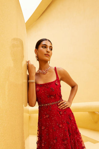 Gown Evening Wear - Red Tulle Gown by Prevasu