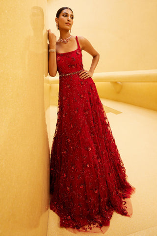 Gown Evening Wear - Red Tulle Gown by Prevasu