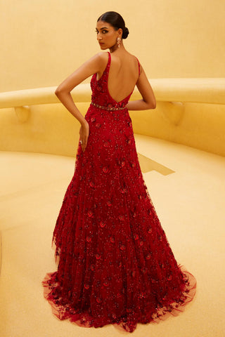 Gown Evening Wear - Red Tulle Gown by Prevasu