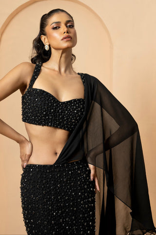 Black Embroidered Fishtail Lehenga Set by Quench a Thirst