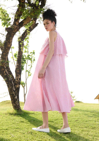 Red stripes camellia dress