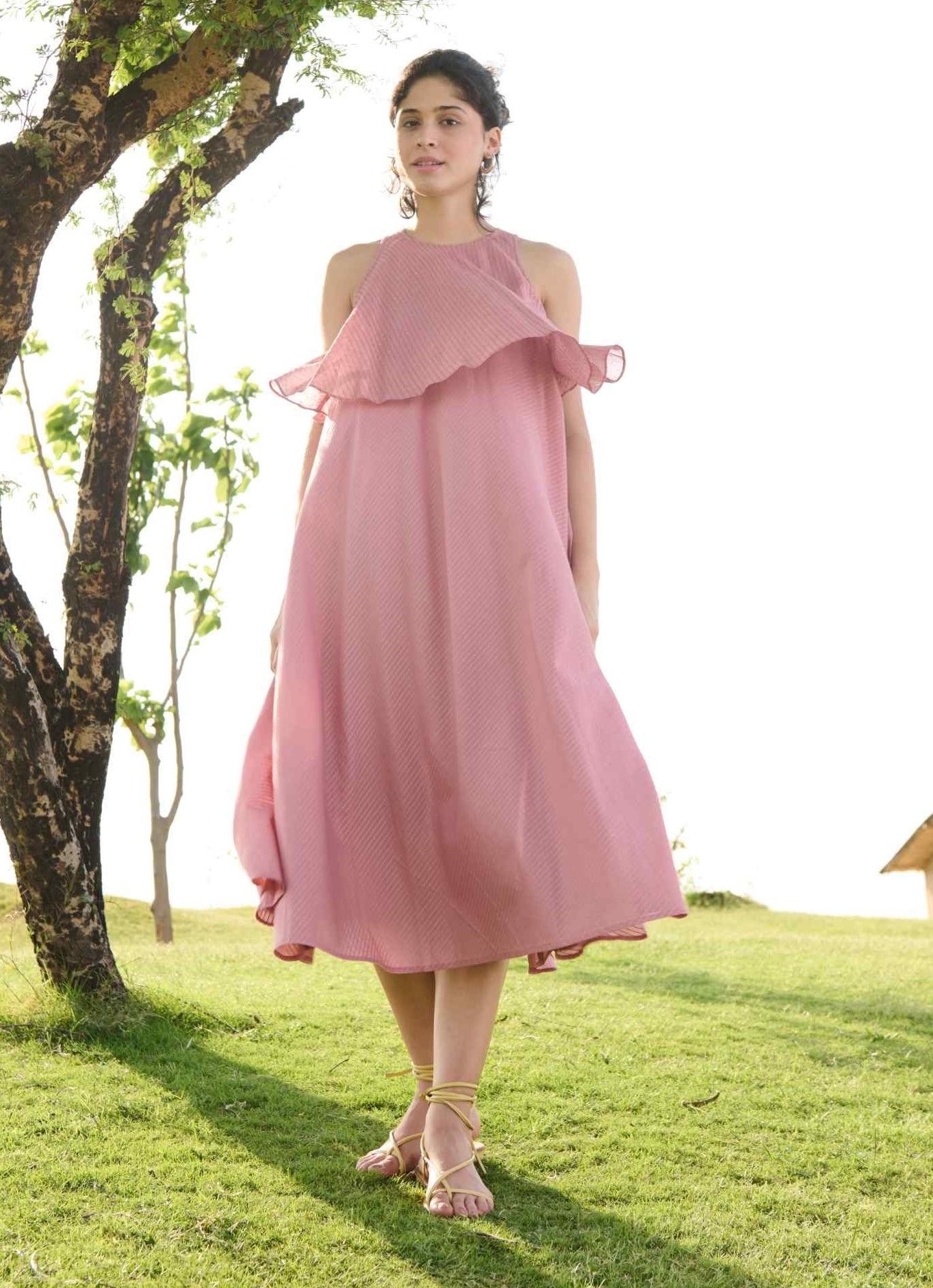 Salmon pink self stripes camellia dress L / pink / women Salmon pink self stripes camellia dress L / pink / women