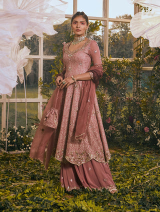 Onion tilla work anarkali and sharara set