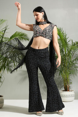 Black thread and mirror hand embroidered sunset bloom palazzo set