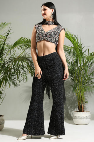 Black thread and mirror hand embroidered sunset bloom palazzo set