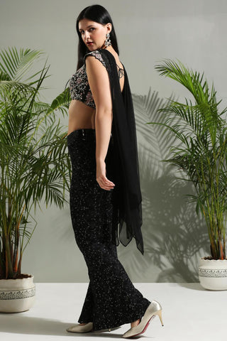 Black thread and mirror hand embroidered sunset bloom palazzo set