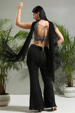 Black thread and mirror hand embroidered sunset bloom palazzo set