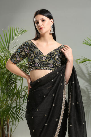 Black organza sunset bloom saree with embroidered blouse
