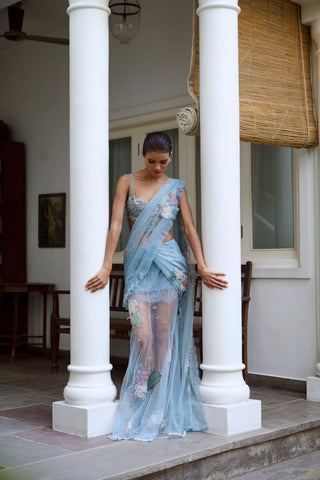Saree Set for Indian Wedding - Blue Soft Girl Cocktail Saree Set by The Little Black Bow at Mrs. G