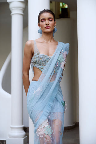 Saree Set for Indian Wedding - Blue Soft Girl Cocktail Saree Set by The Little Black Bow at Mrs. G