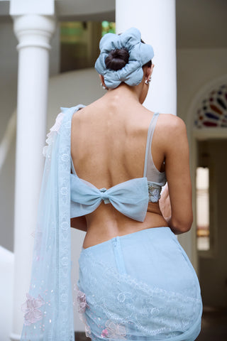 Saree Set for Indian Wedding - Blue Soft Girl Cocktail Saree Set by The Little Black Bow at Mrs. G