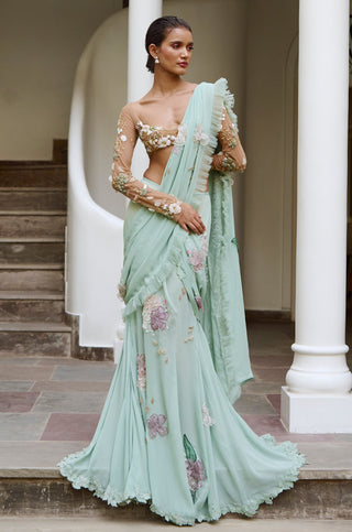 Saree Set for Indian Wedding - Green Sage Floral Georgette Saree Set by The Little Black Bow at Mrs. G