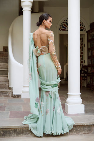 Saree Set for Indian Wedding - Green Sage Floral Georgette Saree Set by The Little Black Bow at Mrs. G