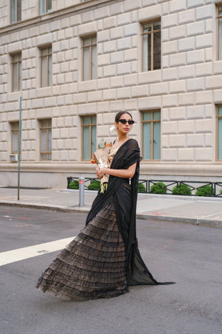 Saree Set for Indian Wedding - Black Tiered Ruffle Saree Set by The Little Black Bow at Mrs. G