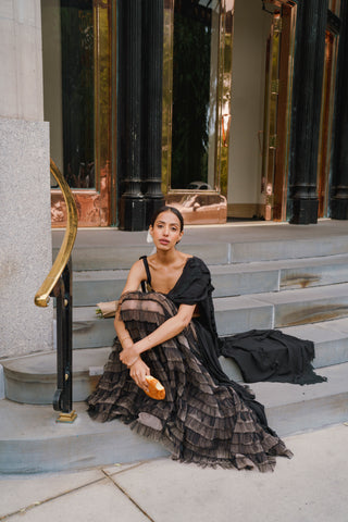 Saree Set for Indian Wedding - Black Tiered Ruffle Saree Set by The Little Black Bow at Mrs. G